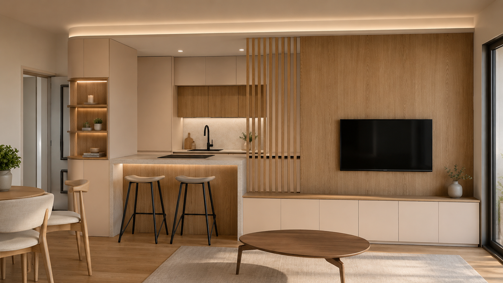 Render de salón con cocina abierta en laca beige y madera de roble claro.